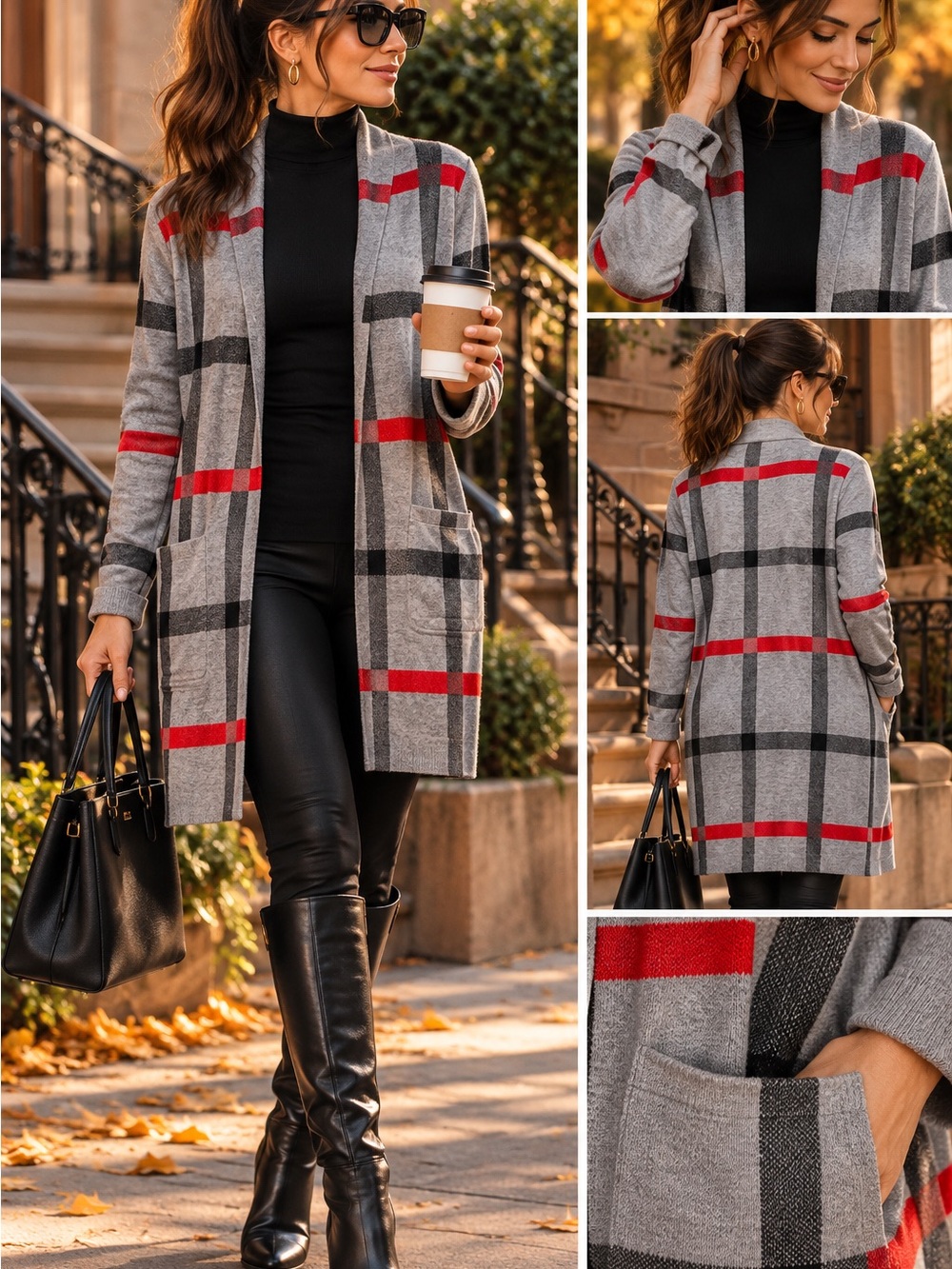 Tahari Grey Plaid Open-Front Cardigan with Red Stripes